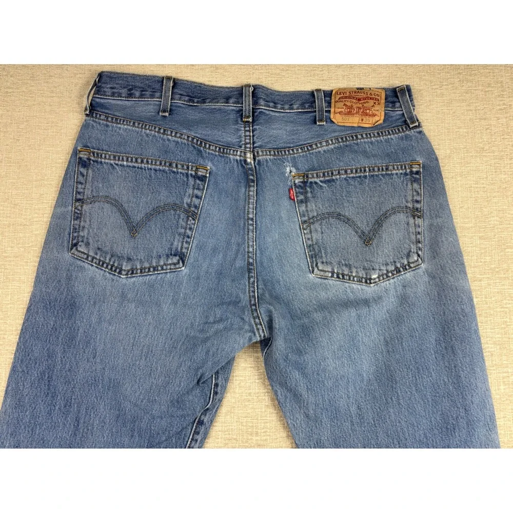 Levis 501 Mens 38x34 Jeans Grungy Light Blue Washed Denim Distressed High Fade